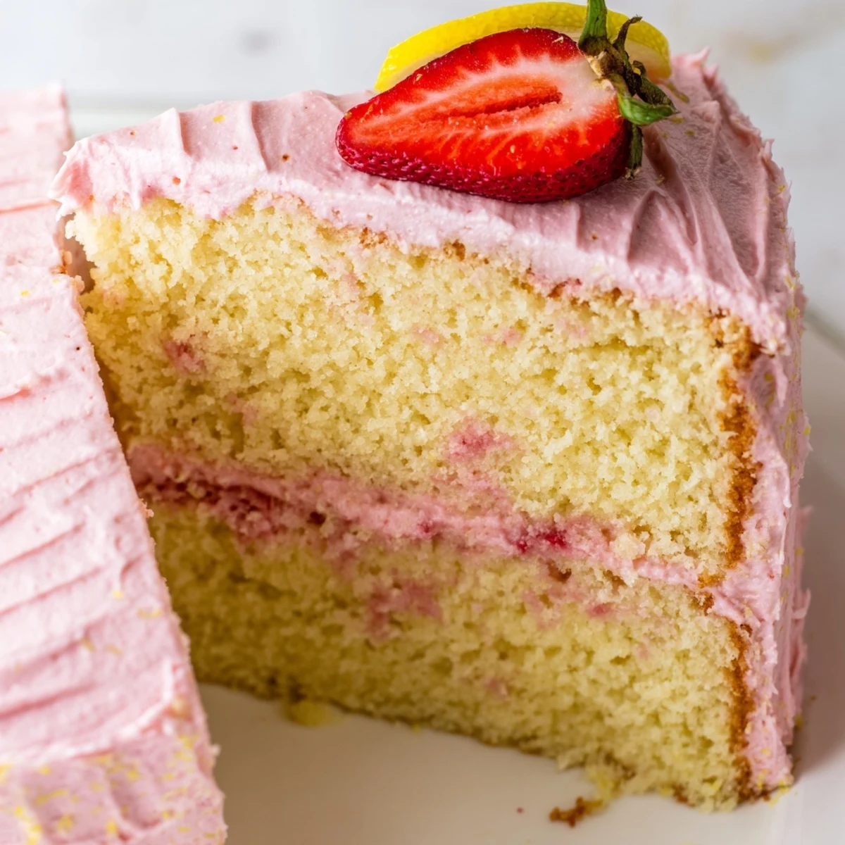 Slice of strawberry lemonade cake topped with pink frosting and fresh berries on a white plate