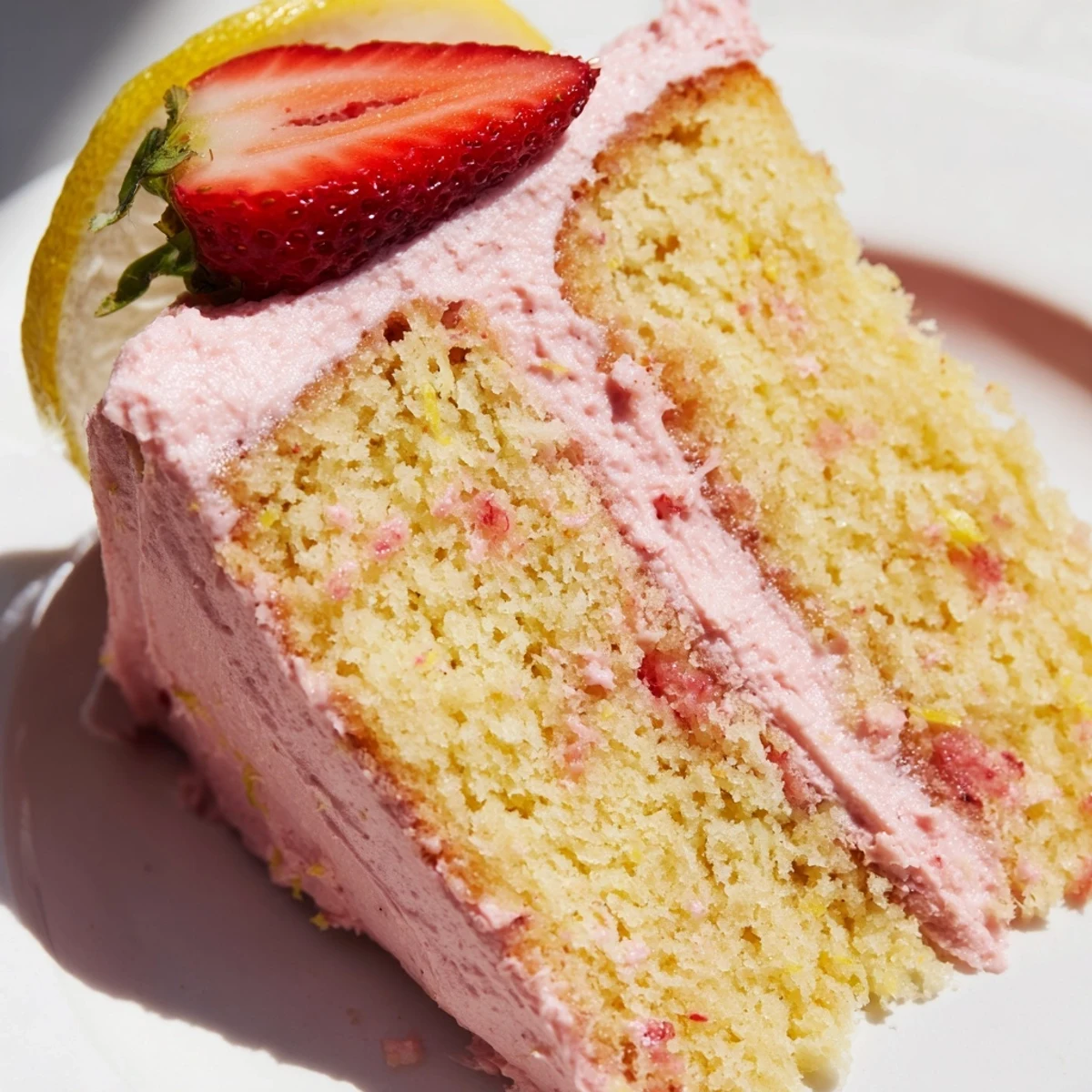 Moist strawberry lemonade cake layers with creamy citrus frosting garnished with lemon wheels and edible flowers