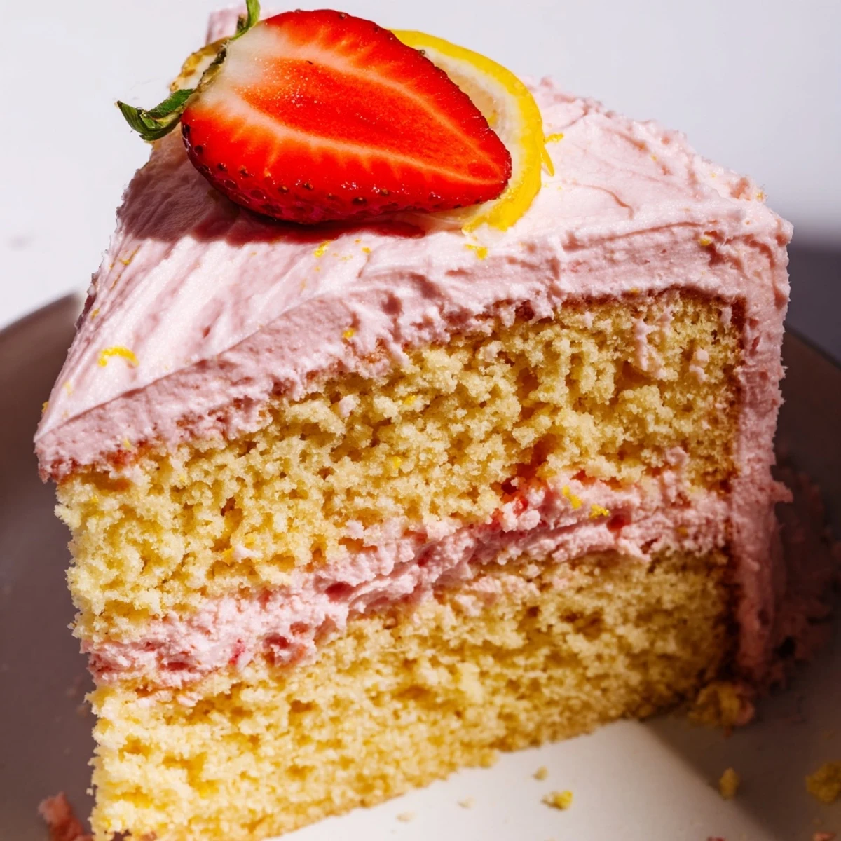 Two-layer strawberry lemonade cake covered in smooth pink frosting served on a rustic cake stand for summer parties