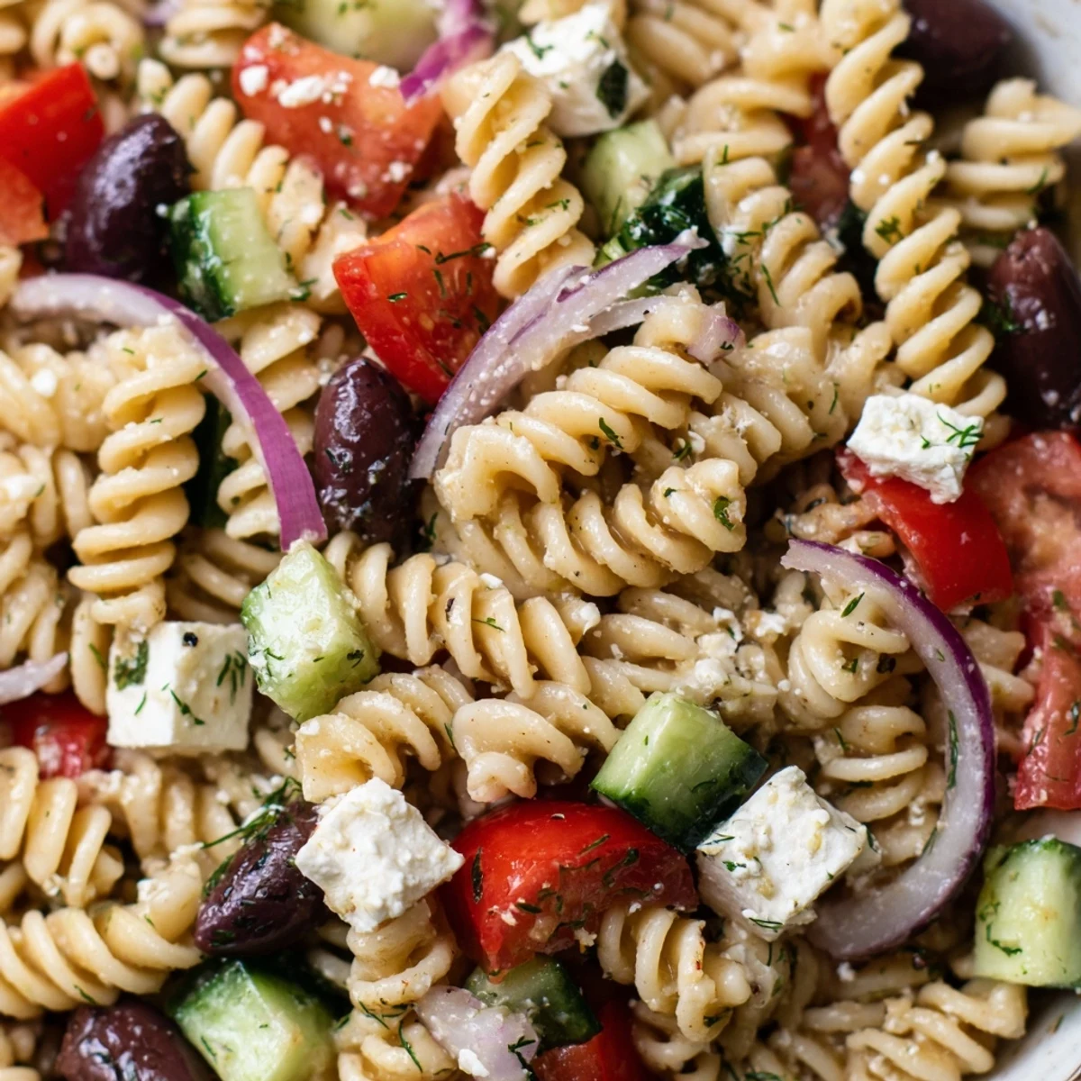 Greek Pasta Salad tossed with juicy tomatoes, cucumbers, and creamy feta drizzled with zesty vinaigrette