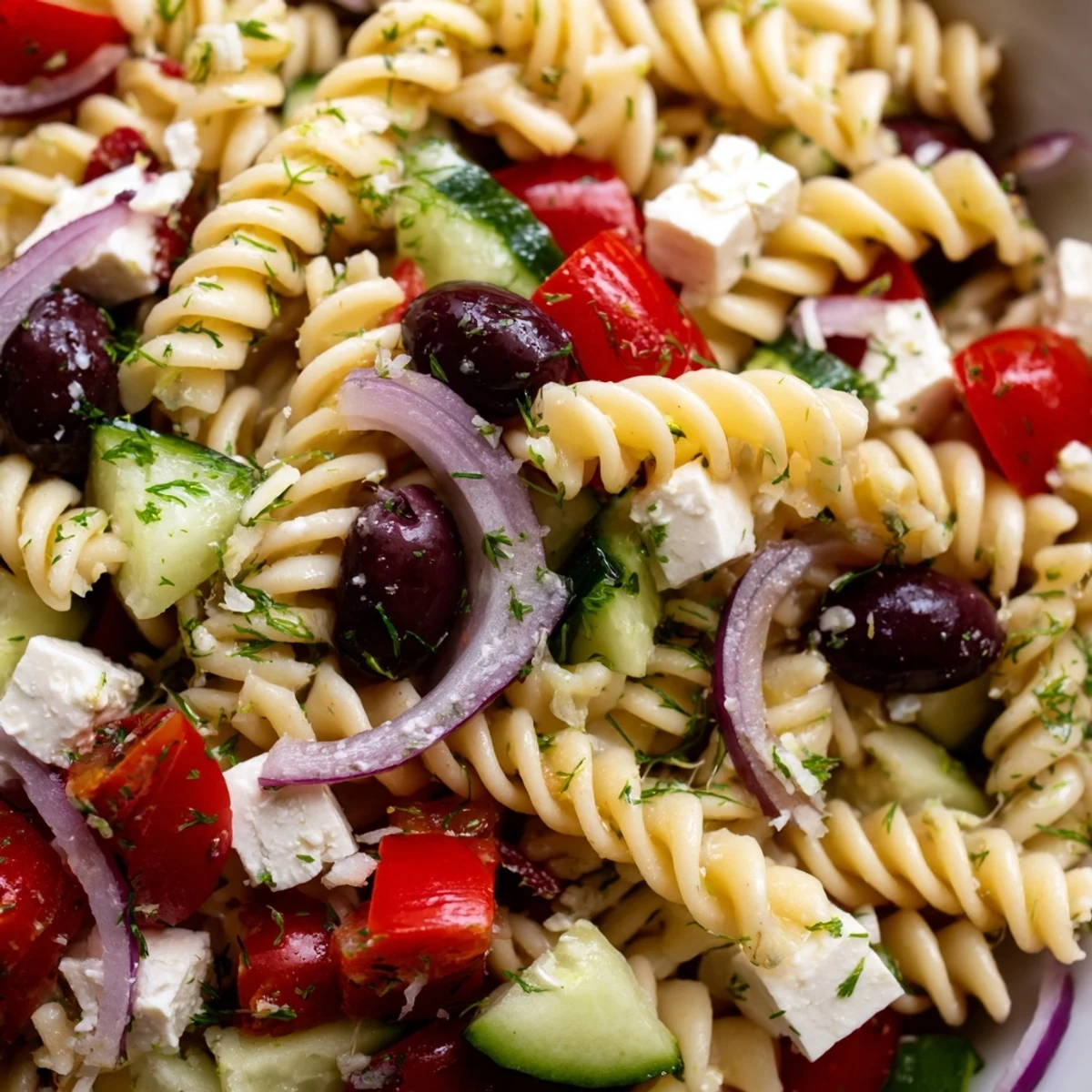 Colorful Greek Pasta Salad loaded with crisp veggies, tangy feta, and briny olives in a bright bowl