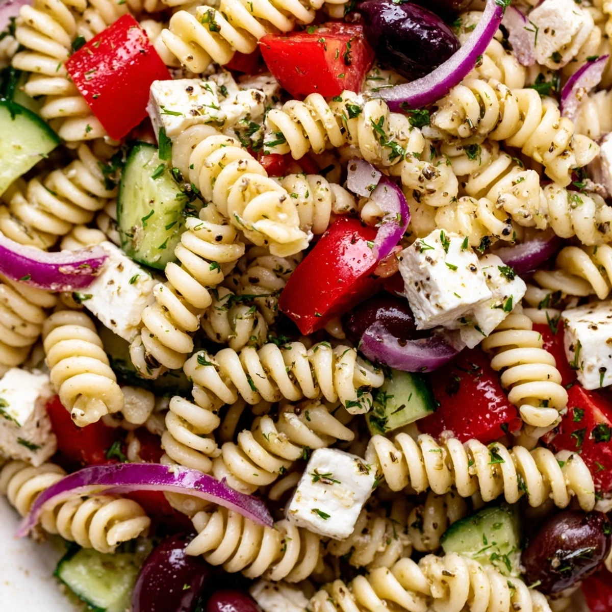 Chilled Greek Pasta Salad garnished with fresh herbs and crumbled feta, perfect for a sunny picnic
