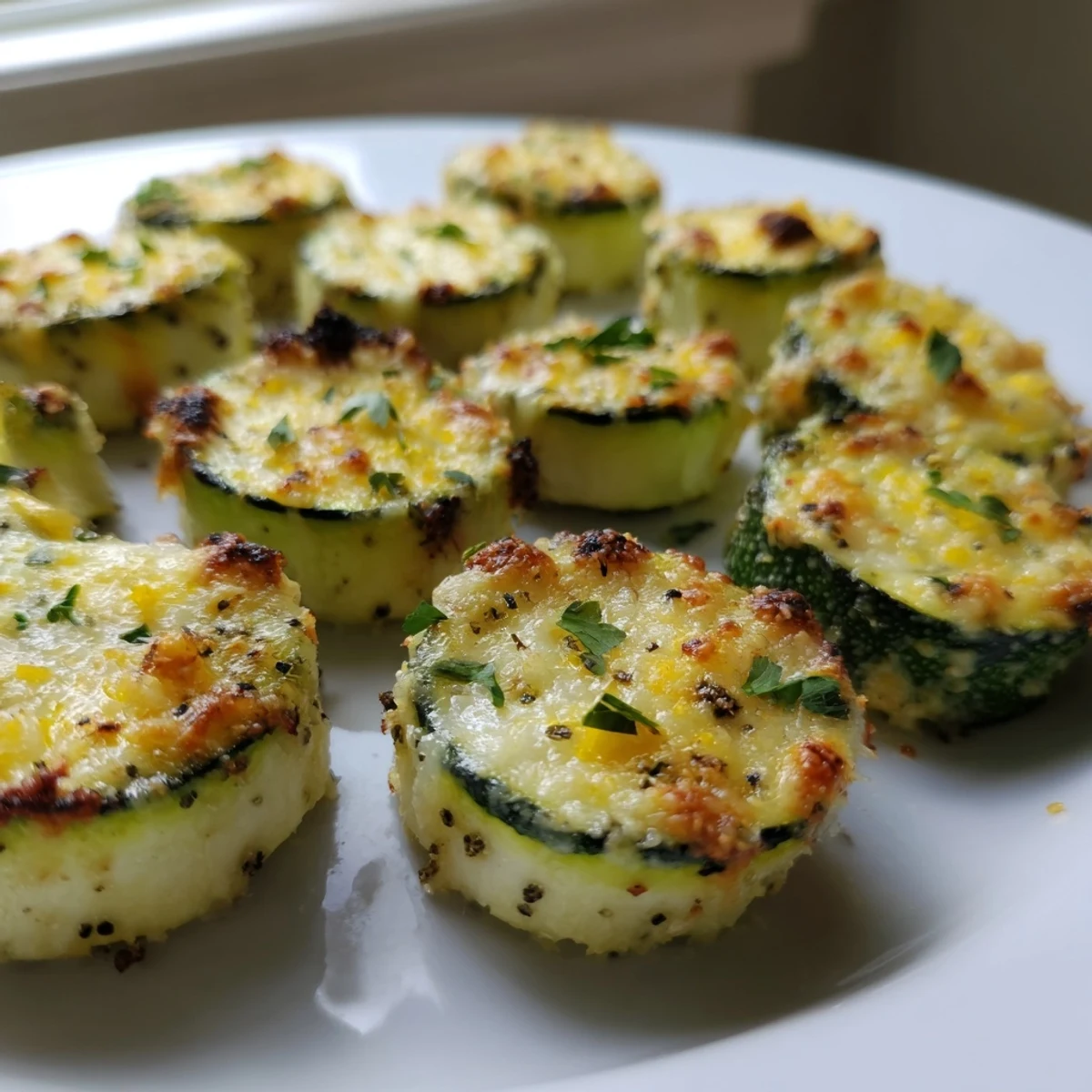 Golden Parmesan crusted lemon pepper zucchini slices fresh from the oven