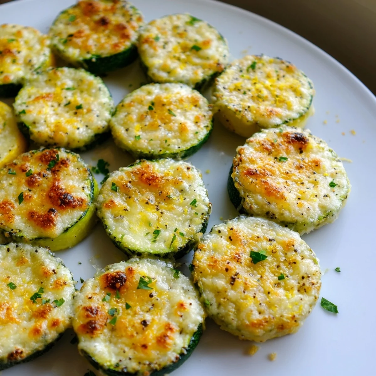 Bright lemon pepper zucchini arranged on a white plate with fresh parsley garnish
