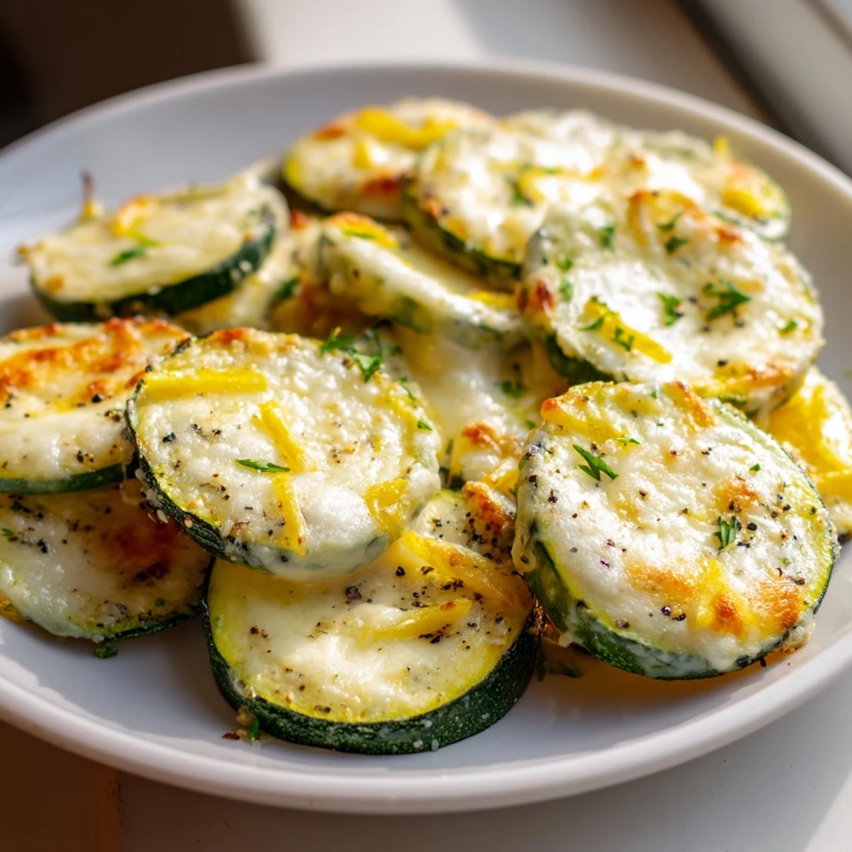 Tender zucchini rounds glistening with olive oil topped with melted Parmesan cheese