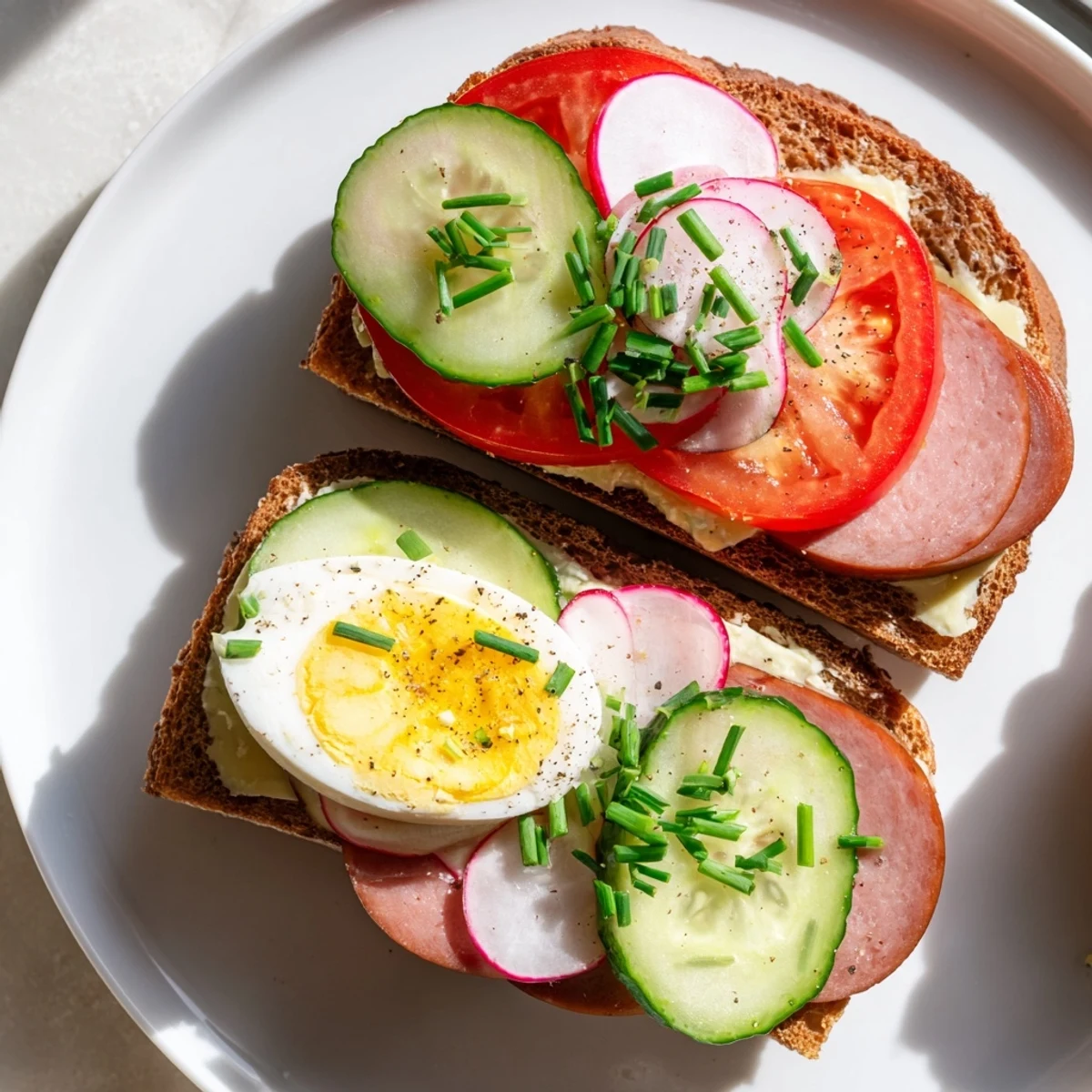 Open-faced Polish sandwiches with kielbasa, cheese, and fresh vegetables on rye bread