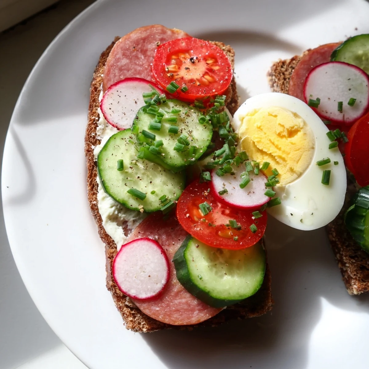 Colorful kanapki topped with sliced egg, tomato, radish, and herbs on crusty bread