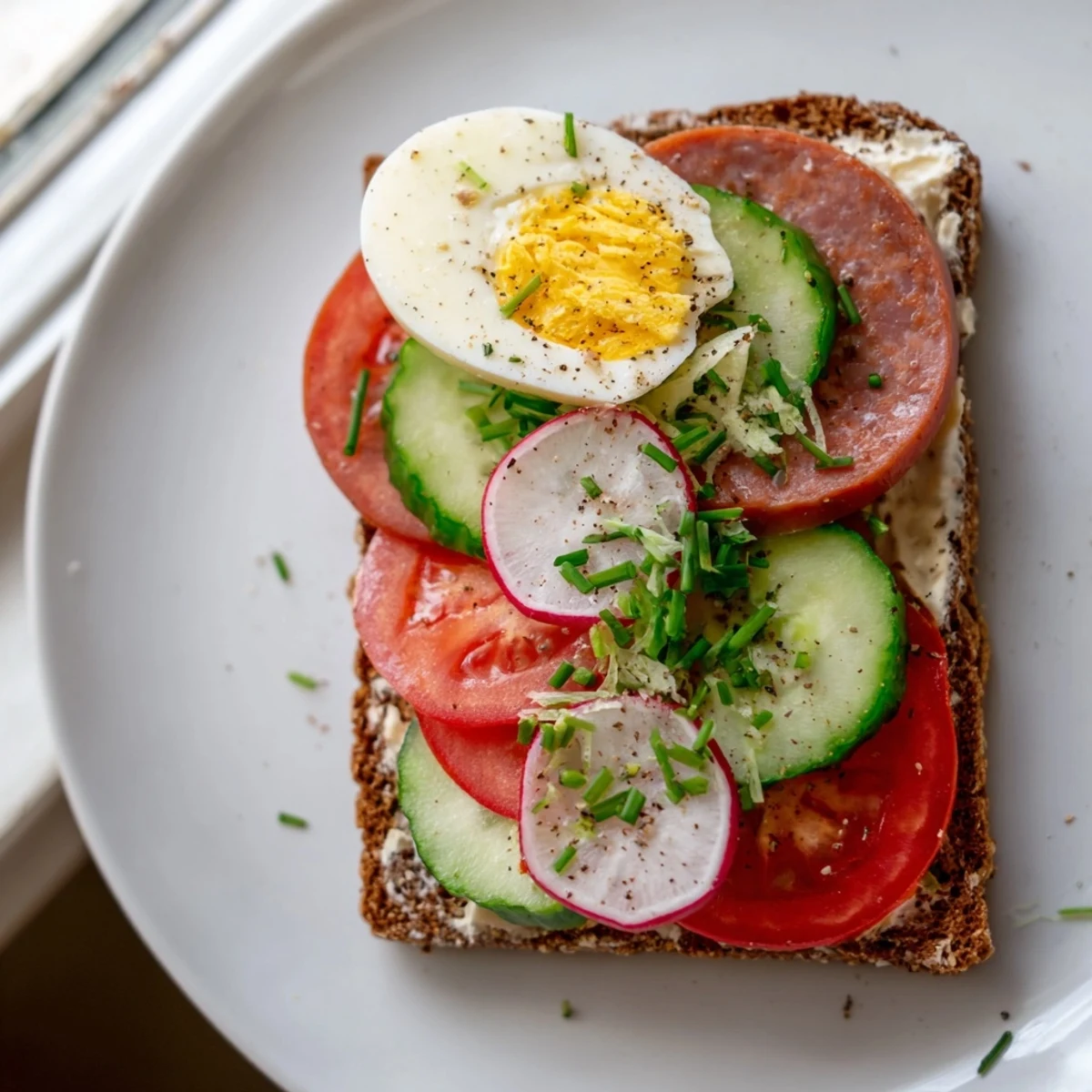 Crispy rye bread layered with ham, cucumber, and melted cheese for Polish open-faced sandwiches