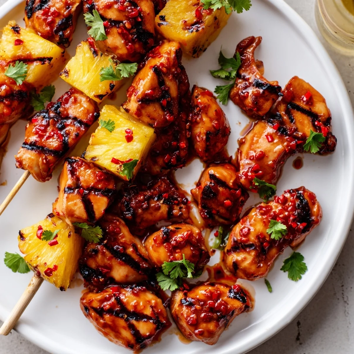 Juicy Chili Pineapple Grilled Chicken with charred edges and caramelized pineapple chunks on a rustic platter