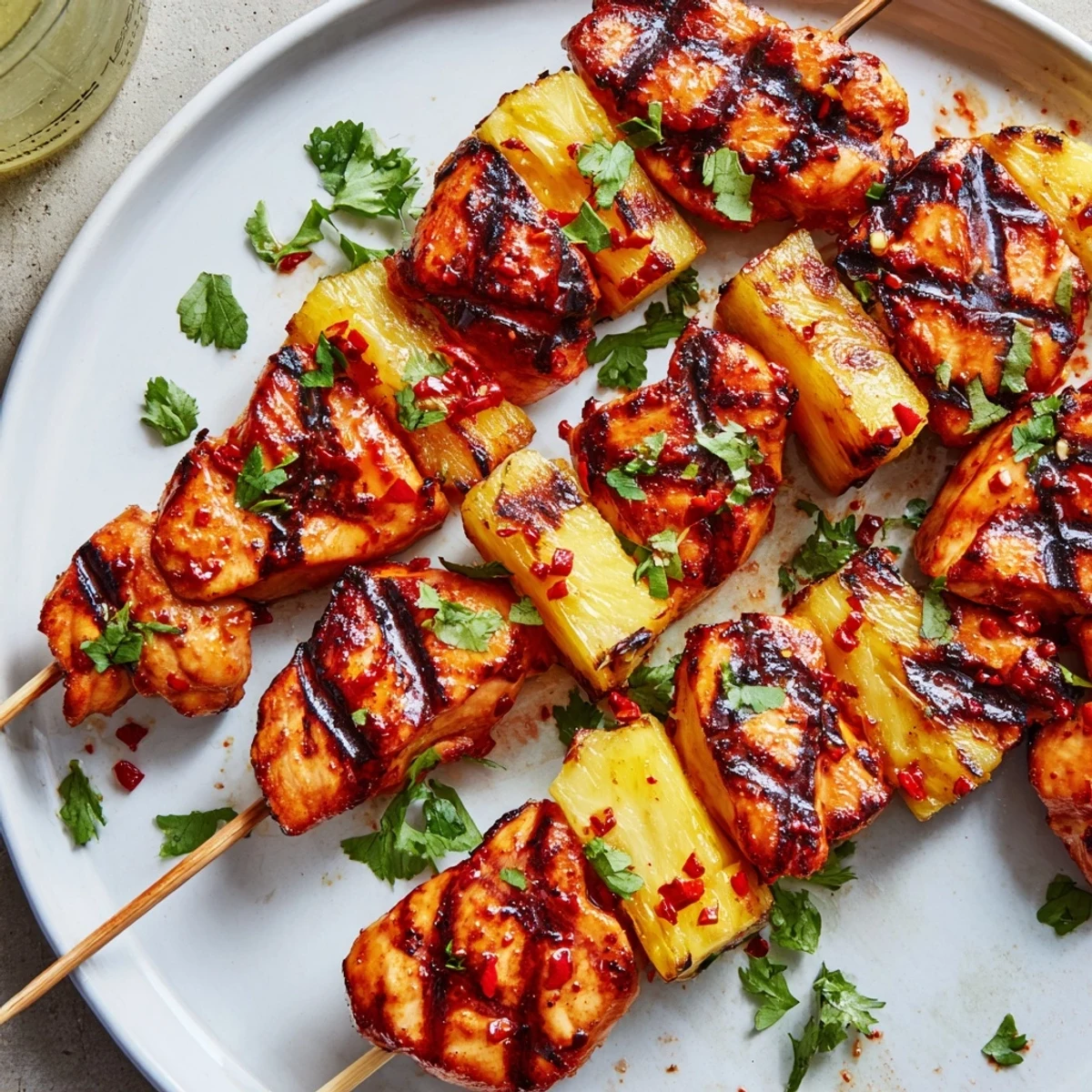 Golden grilled chicken glazed with spicy chili pineapple marinade served alongside fresh lime wedges and cilantro