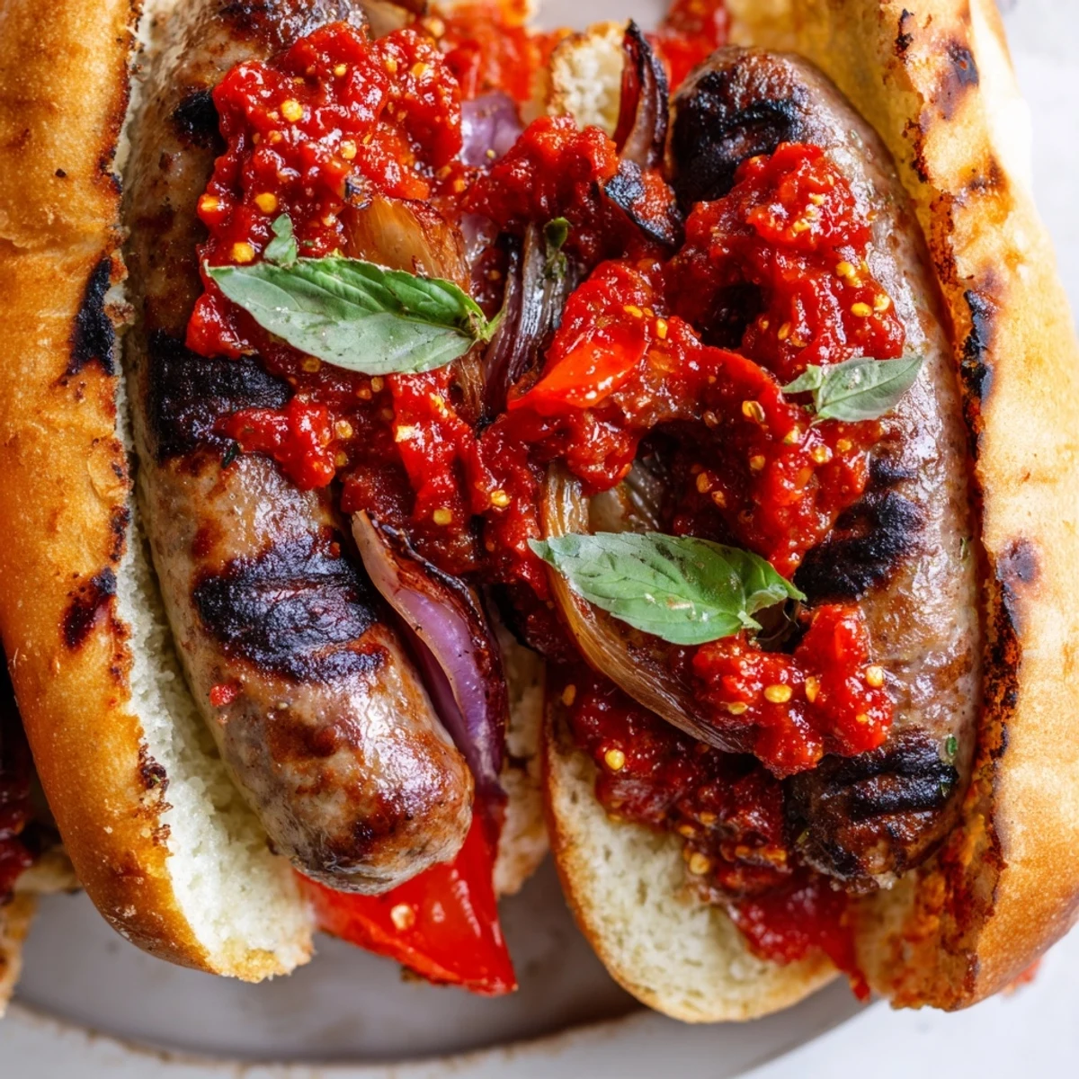 Charred grilled sausage grinders with smoky tomato sauce on crusty golden toasted rolls