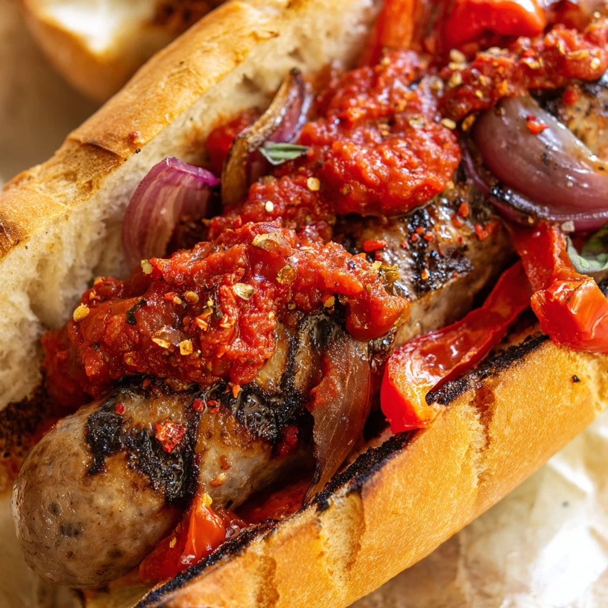 Smoky grilled sausage grinders overflowing with charred tomato sauce and fresh basil garnish