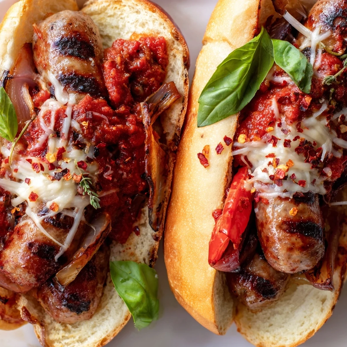 Juicy grilled sausage grinders topped with melted mozzarella and chunky tomato sauce