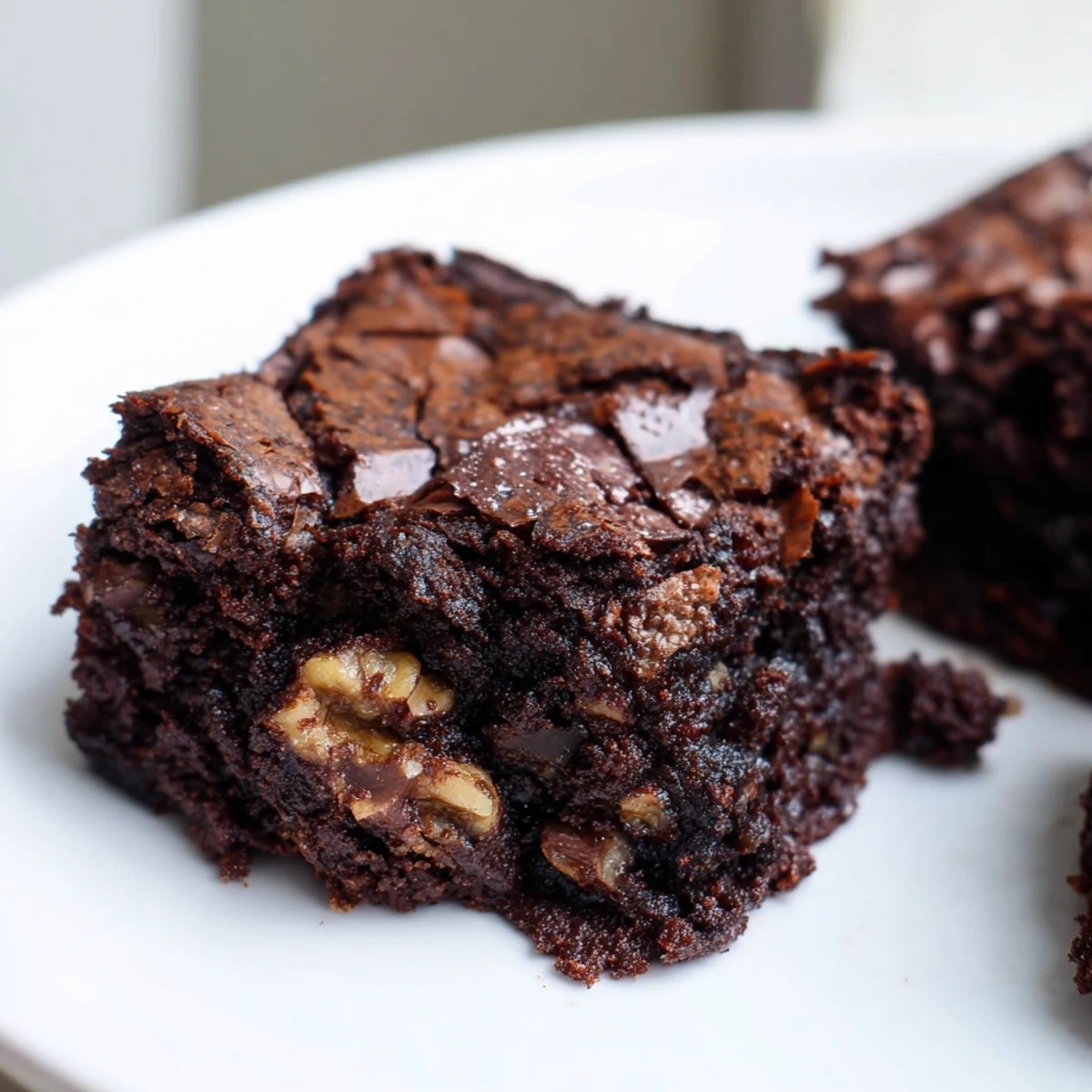 Fudgy ultimate brownies with a glossy crackly top, cut into perfect squares