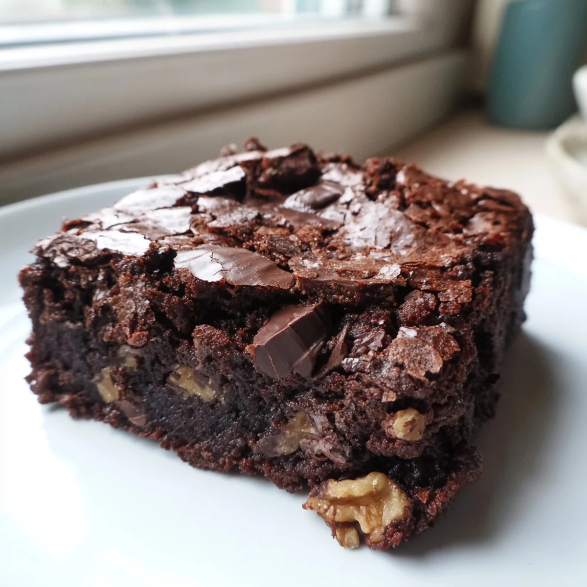 Rich chocolate ultimate brownies dusted with cocoa, served warm on a rustic plate