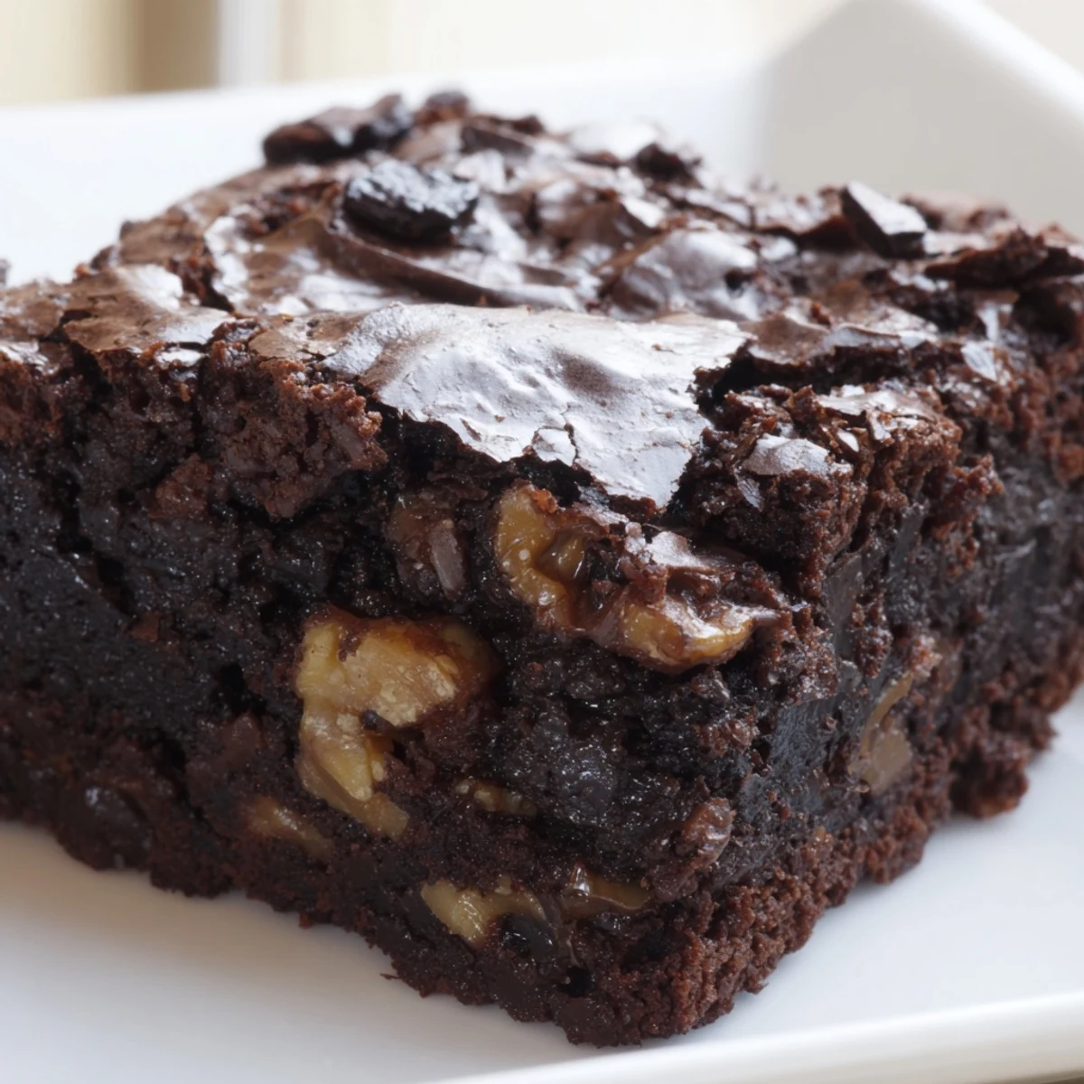Intensely chocolatey ultimate brownies topped with chopped walnuts, displayed on parchment paper