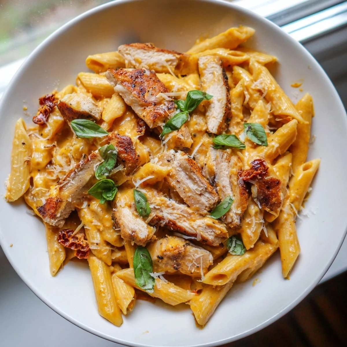 Creamy Sun Dried Tomato Marry Me Chicken Pasta in a velvety sauce with fresh basil garnish
