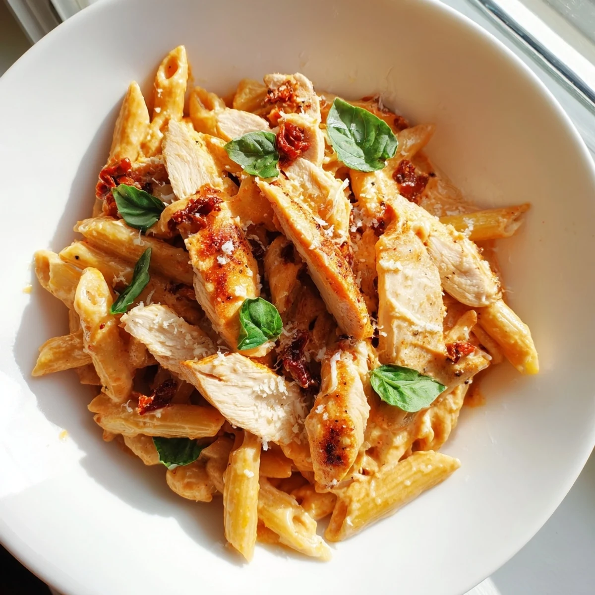 Golden seared chicken sliced over Sun Dried Tomato Marry Me Chicken Pasta in creamy Parmesan sauce