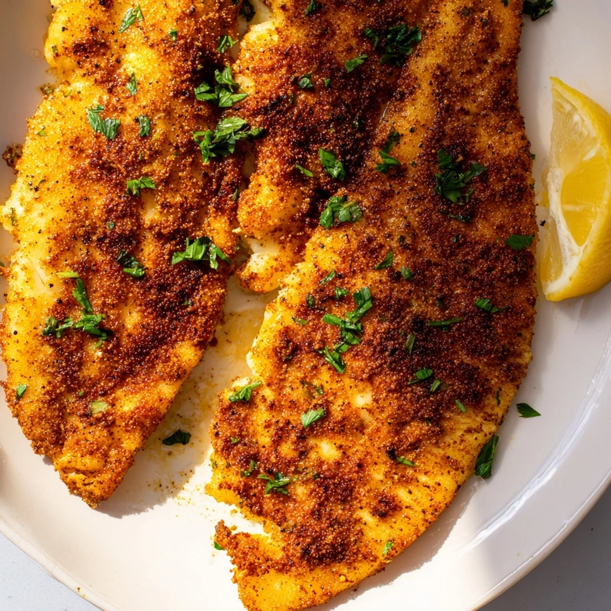 Golden pan fried tilapia fillet on a white plate with fresh parsley and lemon wedges