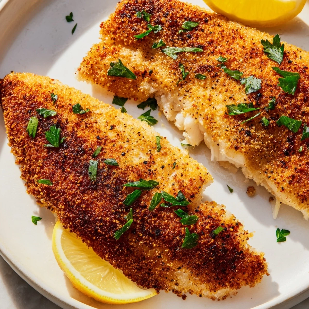 Crispy pan fried tilapia served hot from the skillet with steamed vegetables alongside