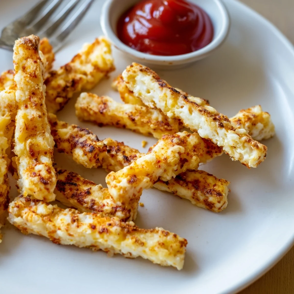 Golden baked cottage cheese fries with crisp edges served with dipping sauce