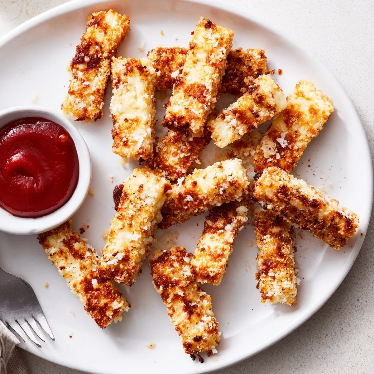 Crunchy baked cottage cheese fries arranged on parchment beside a creamy aioli