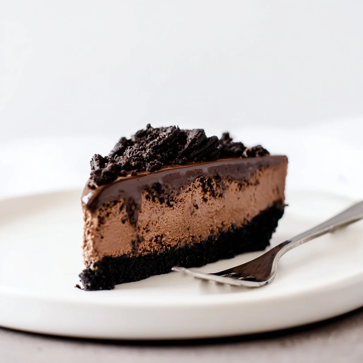 Rich Oreo chocolate cheesecake slice topped with ganache and cookie crumbs on a white plate.  