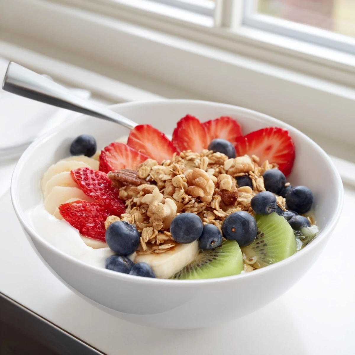 A vibrant yogurt fruit bowl recipe featuring creamy Greek yogurt topped with fresh berries, banana slices, and crunchy granola.
