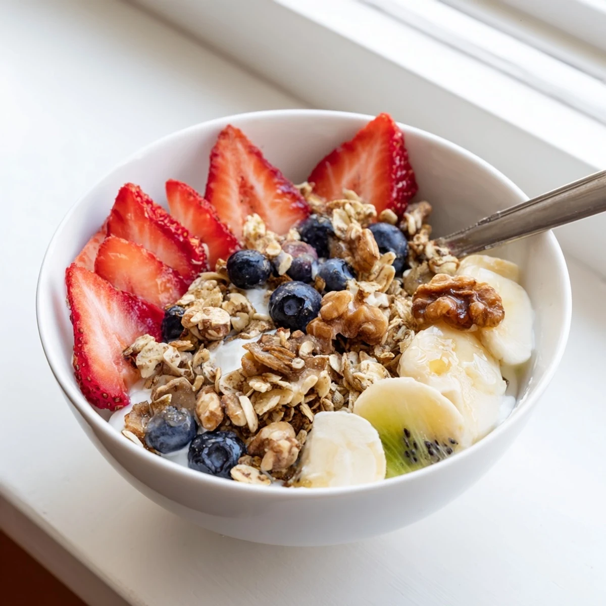 Colorful fresh fruit bowl arranged over sweetened yogurt, sprinkled with nuts and chia seeds for a nutritious breakfast.