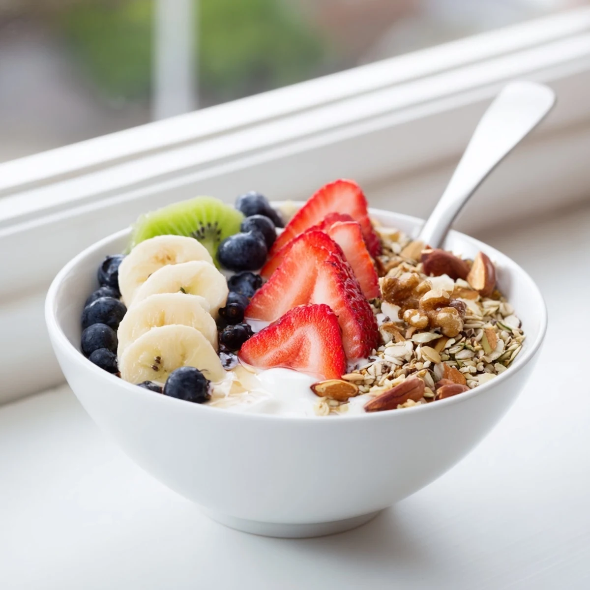 Delicious yogurt fruit bowl recipe showcasing sliced kiwi, strawberries, and blueberries with a nutty granola topping.