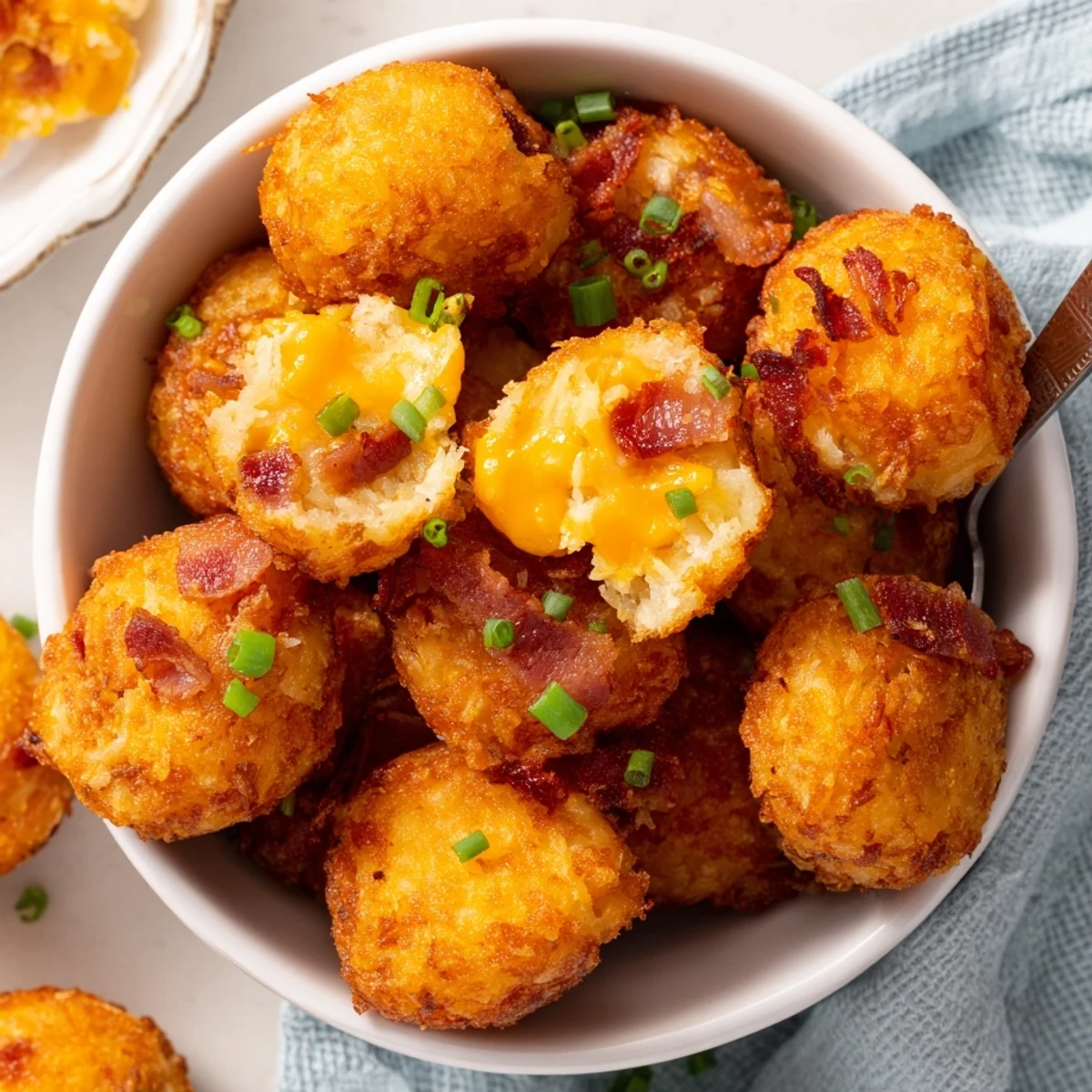 Golden brown cheesy loaded hashbrown bites topped with bacon bits and green onions.