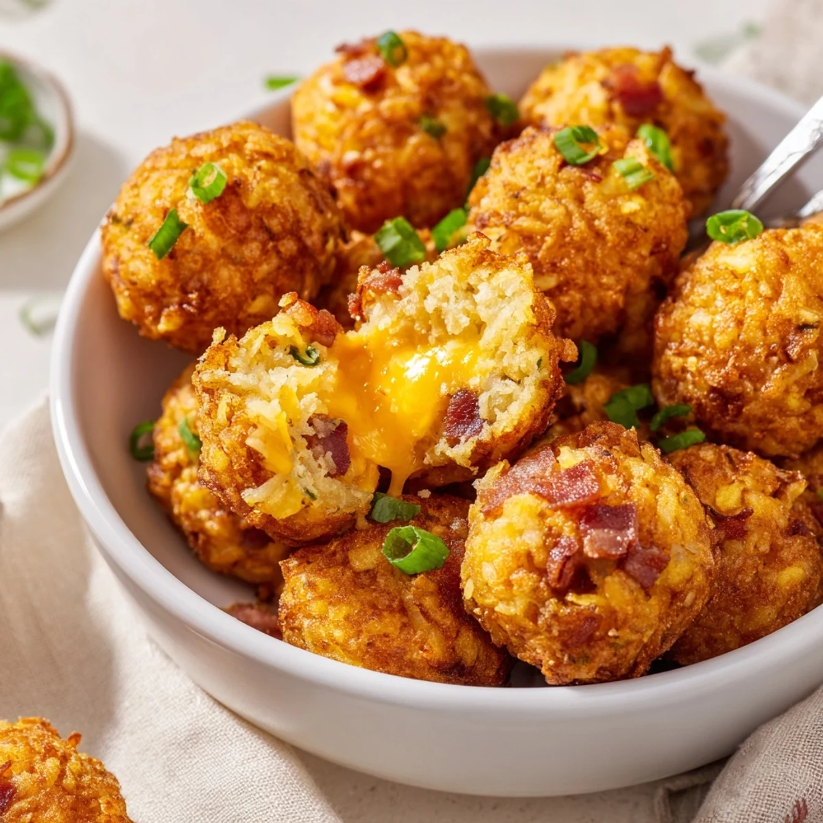 A platter of warm cheesy loaded hashbrown bites garnished with fresh chopped chives.