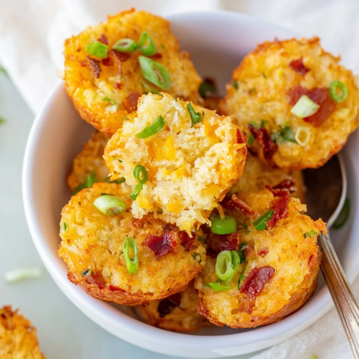 Savory appetizer of crispy hashbrown bites served with a side of cool sour cream.