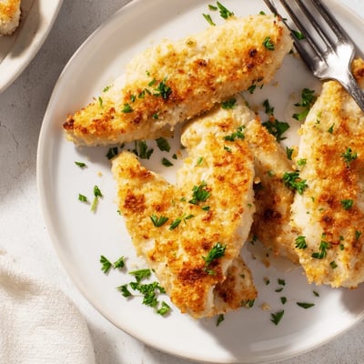 Perfectly baked Melt In Your Mouth Chicken breasts coated in rich sauce, garnished with fresh parsley and resting on a white dinner plate.