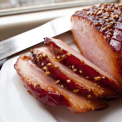 Golden-brown Brown Sugar Mustard Glazed Ham sits beside green beans and scalloped potatoes on a rustic table, inviting a festive holiday dinner spread.
