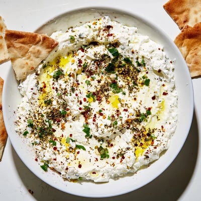 A close-up view of Tyrokafteri, the Greek whipped feta dip, garnished with fresh parsley and olive oil.