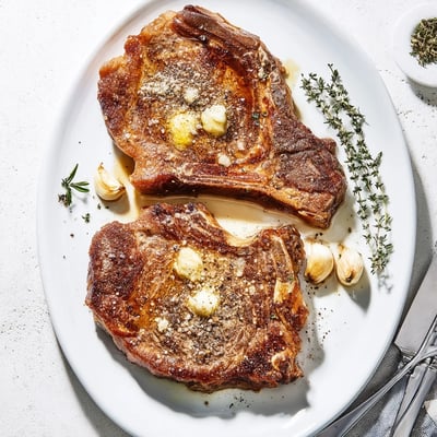 Sizzling Pan Seared Ribeye Steak in a cast iron skillet, basted with butter, garlic, and thyme.