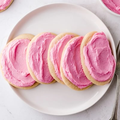 These homemade Crumbl Pink Sugar Cookies show their soft texture and vibrant pink frosting under warm bakery lighting.