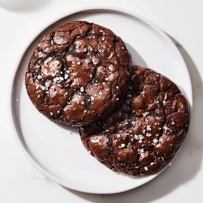 Close up of Gourmet Brownie Cookies decorated with flaky sea salt beside a glass of milk.