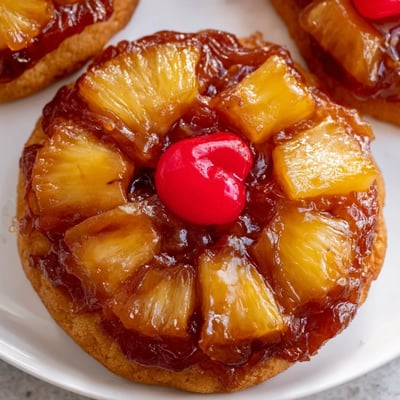 Close-up of warm Pineapple Upside Down Sugar Cookies revealing sticky brown sugar glaze and tender crumb.