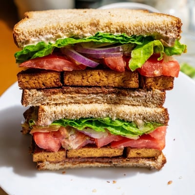 Smoky tofu lettuce tomato sandwich served on a rustic wooden board with summer salad