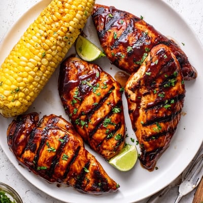 Sliced BBQ Chicken With Corn beside lime wedges, charred grill marks
