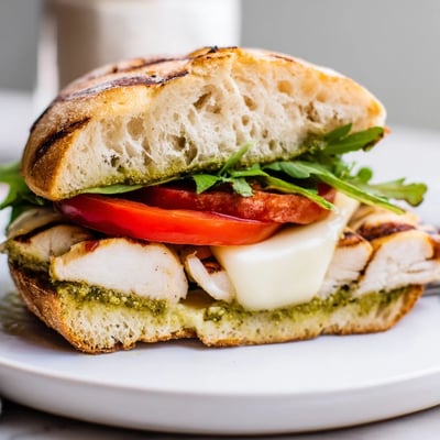 Warm Chicken Pesto Sandwich Recipe on toasted ciabatta, sliced tomato and arugula.  