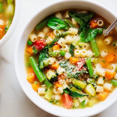 Bowl of Spring Minestrone Soup Recipe with al dente pasta, fresh basil