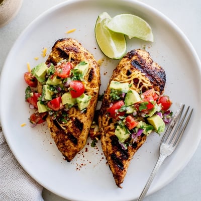 Zesty Fiesta Lime Chicken With Avocado served over Mexican rice, cilantro garnish