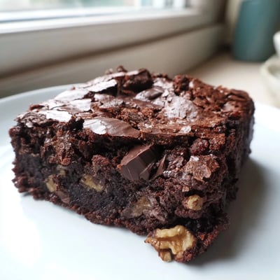 Rich chocolate ultimate brownies dusted with cocoa, served warm on a rustic plate